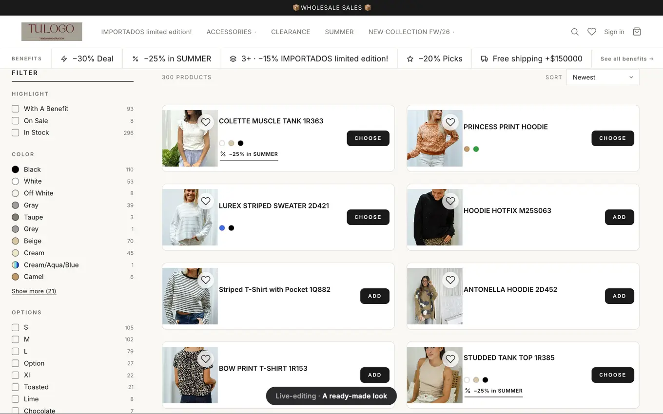 VentasxMayor wholesale store changing its design live A real wholesale storefront built with VentasxMayor redesigning itself live β same catalog, another visual identity, per-customer prices and volume discounts